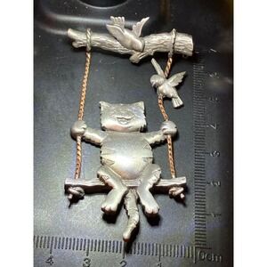 Vintage J.J. Jonet Cat on a Swing with Birds Brushed Antiqued Silver Brooch